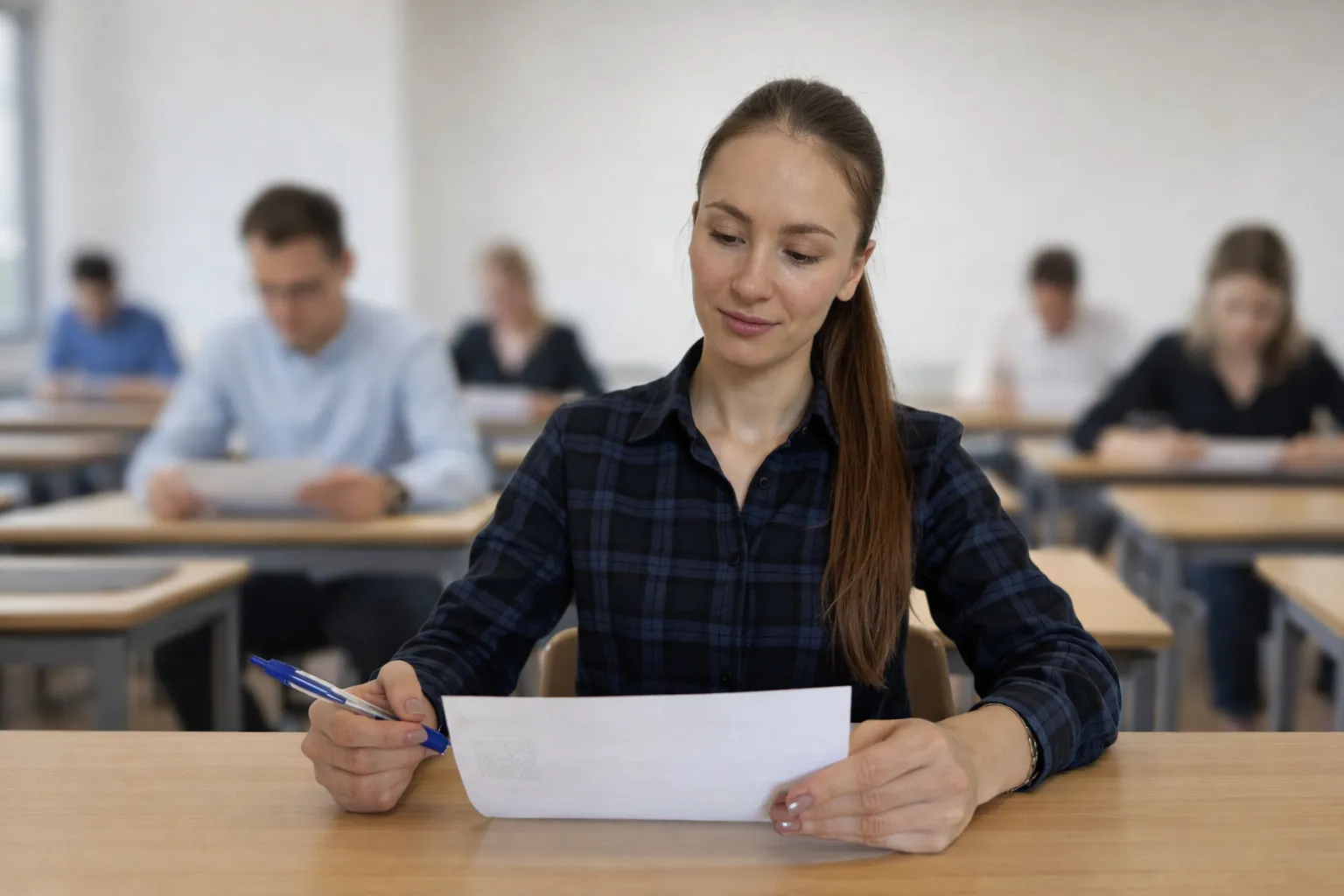 Studentin liest in einem Seminarraum ein Dokument