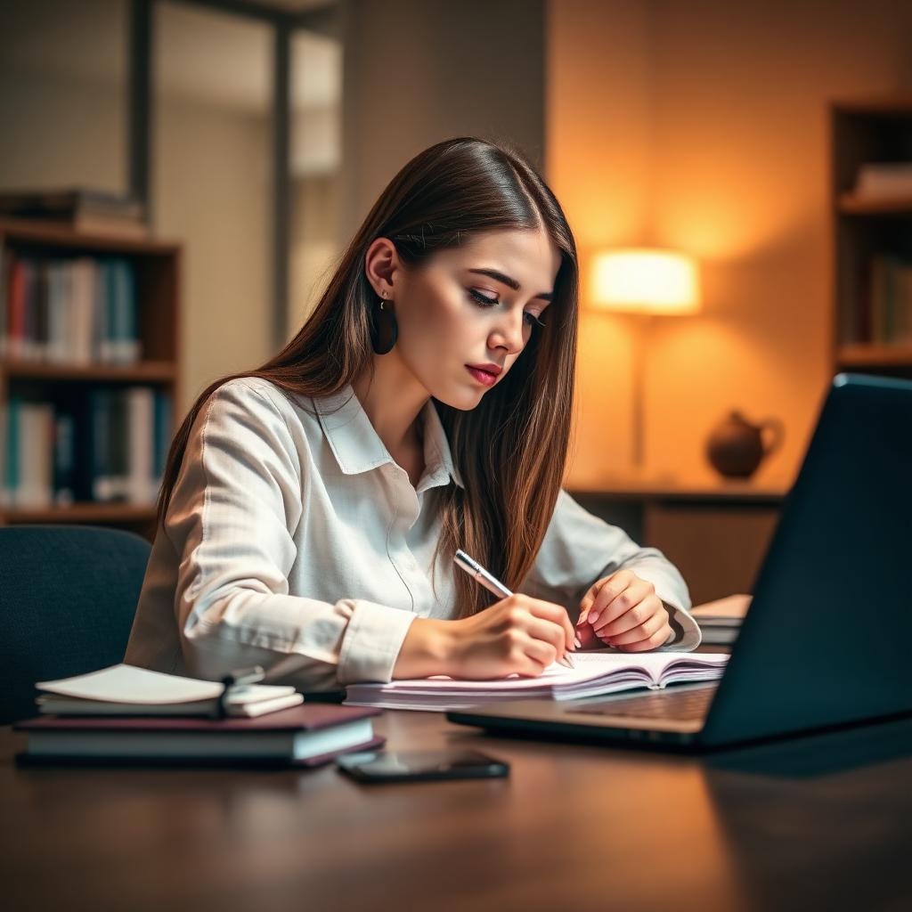 Studentin arbeitet konzentriert an ihrer wissenschaftlichen Arbeit